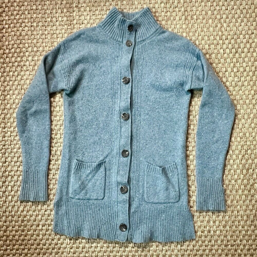 Royal Robbins Cardigan Mock Neck Button Front Pockets Robins Egg Blue Preppy Sm